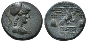 PHRYGIA. Apameia. Ae (Circa 88-40 BC).
Obv: Helmeted bust of Athena right, wearing aegis.
Rev: AΠAMEΩN.
Eagle landing right on maeander pattern; star ...