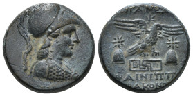 PHRYGIA. Apameia. Ae (Circa 88-40 BC).
Obv: Helmeted bust of Athena right, wearing aegis.
Rev: AΠAMEΩN.
Eagle landing right on maeander pattern; star ...