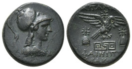 PHRYGIA. Apameia. Ae (Circa 88-40 BC).
Obv: Helmeted bust of Athena right, wearing aegis.
Rev: AΠAMEΩN.
Eagle landing right on maeander pattern; star ...