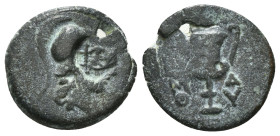 LESBOS. Methymna. Ae (Circa 2nd-1st century BC).
Obv: Head of Athena right, wearing crested Corinthian helmet. C.m : Cithara
Rev: M - A / Θ - Y.
Kanth...