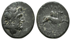 PISIDIA. Parlais. Diomedes, magistrate. 1st century BC.
Obv: Laureate head of Zeus to right.
Rev: Panther advancing to right, piloi of the Dioscuri ab...