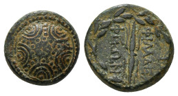 LYDIA. Philadelphia. Ae (Circa 100-14 BC).
Obv: Macedonian shield with star on boss.
Rev: ΦIΛAΔEΛΦEΩN.
Thunderbolt within wreath; above and below, mon...