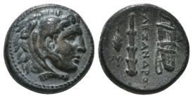 KINGS OF MACEDON. Alexander III 'the Great' (336-323 BC). Ae Unit. Uncertain mint in Western Asia Minor.
Obv: Head of Herakles right, wearing lion ski...