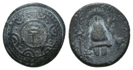 KINGS OF MACEDON. Alexander III 'the Great' (336-323 BC). Ae. Sardes.
Obv: Macedonian shield with kerykeion on boss.
Rev: B - A.
Macedonian helmet. Co...