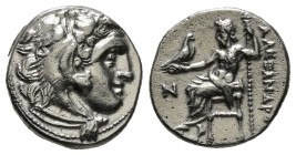 KINGS OF MACEDON. Alexander III 'the Great' (336-323 BC).Drachm.
Obv: Head of Herakles right, wearing lion skin.
Rev: AΛΕΞΑΝΔΡΟY.
Zeus seated left on ...