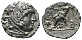 KINGS OF MACEDON. Alexander III 'the Great' (336-323 BC).Drachm.
Obv: Head of Herakles right, wearing lion skin.
Rev: AΛΕΞΑΝΔΡΟY.
Zeus seated left on ...