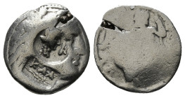 KINGS OF MACEDON. Alexander III 'the Great' (336-323 BC).Drachm.
Obv: Head of Herakles right, wearing lion skin.
Rev: AΛΕΞΑΝΔΡΟY.
Zeus seated left on ...