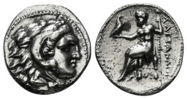 KINGS OF MACEDON. Alexander III 'the Great' (336-323 BC).Drachm.
Obv: Head of Herakles right, wearing lion skin.
Rev: AΛΕΞΑΝΔΡΟY.
Zeus seated left on ...