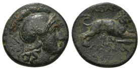 KINGS OF THRACE (Macedonian). Lysimachos (305-281 BC). Ae Unit. Lysimacheia.
Obv: Helmeted head of Athena right.
Rev: ΒΑΣΙΛΕΩΣ / ΛΥΣΙΜΑΧΟΥ.
Lion leapi...