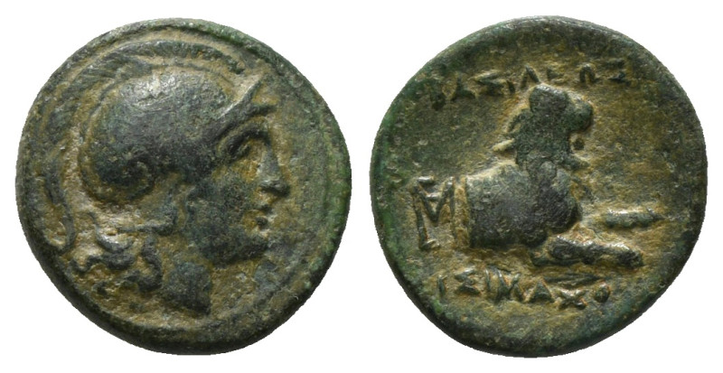 KINGS OF THRACE (Macedonian). Lysimachos (305-281 BC). Ae.
Obv: Helmeted head of...