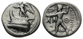 KINGS OF MACEDON. Demetrios I Poliorketes (306-283 BC). Drachm. Tarsos.
Obv: Nike standing left on prow, blowing trumpet.
Rev: BAΣΙΛΕΩΣ / ΔΗΜΗΤΡΙΟY.
P...