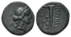 LYDIA. Blaundos. (2nd-1st centuries BC) AE
Obv: Laureate head of Apollo to right
Rev: Quiver and bow; MΛΑΥΝΔΕ-WΝ and monogram in fields. 3,45 g