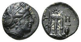 MYSIA. Kyzikos. Ae (3rd century BC).
Obv: Head of Kore Soteira right.
Rev: KY - ZI.
Tripod set on tunny; monogram to right. 1,27 g