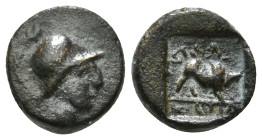 PHRYGIA. Kibyra. Circa 2nd-1st century BC.AE Male head to right, wearing crested helmet. Rev. Humped bull butting to right, head facing; above, in exe...