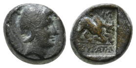 PHRYGIA. Kibyra. Circa 2nd-1st century BC.AE Male head to right, wearing crested helmet. Rev. Humped bull butting to right, head facing; above, in exe...
