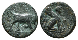 Caria, Kaunos AE Circa 350-300 BC.
Obv: K-A, Sphinx seated right.
Rev: Bull butting right 1,61 g