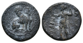 PAMPHYLIA. Perge. Ae (Circa 260-230 BC).
Obv: Sphinx seated right, wearing kalathos.
Rev: ИANAΨAΣ / ΠPEIIAΣ.
Artemis standing left, holding wreath and...