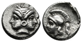 Mysia. Lampsakos circa 500-450 BC.
Hemiobol AR 
Obv : Janiform head / Helmeted head of Athena left. Extremely Fine. Well Centered. 0,41 g - 7,17 mm