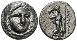 SATRAPS OF CARIA. Maussolos (Circa 377/6-353/2 BC). Tetradrachm. Halikarnassos.
Obv: Laureate head of Apollo facing slightly right.
Rev: MAYΣΣΩΛΛO....