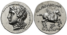 CARIA. Alabanda. Ca. 197-188 BC. AR tetradrachm, ΠΑΙΩΝ magistrate. Laureate head of Apollo left / AΛABANΔEΩN, Pegasus taking flight to right, ivy wrea...