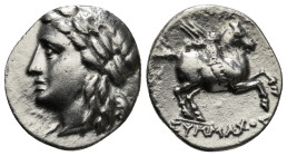 CARIA. Alabanda (as Antiocheia). Drachm (Circa 197-190 BC). Symmachos, magistrate.
Obv: Laureate head of Apollo left.
Rev: ΑΝΤΙΟΧΕΩΝ / ΣΥΜΜΑΧΟΣ.
Pegas...