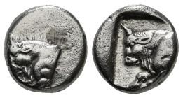 Caria, Uncertain AR HemiDrachm. ca 450-400 BC.
Obv: Forepart of bull left
Rev: Forepart of bull left within incuse square. 2,13 g - 11,86 mm