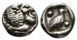 CARIA. Mylasa. Tetartemorion (Circa 420-390 BC).
Obv: Head of roaring lion right.
Rev: Bird standing right; pellet to upper left and lower right; all ...