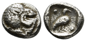 CARIA. Mylasa. Tetartemorion (Circa 420-390 BC).
Obv: Head of roaring lion right.
Rev: Bird standing right; pellet to upper left and lower right; all ...