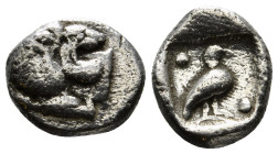 CARIA. Mylasa. Tetartemorion (Circa 420-390 BC).
Obv: Head of roaring lion right.
Rev: Bird standing right; pellet to upper left and lower right; all ...