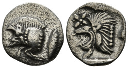 MYSIA. Kyzikos. Obol (Circa 450-400 BC).
Obv: Forepart of boar left, ; to right, tunny upward.
Rev: Head of roaring lion left within incuse square. 0,...
