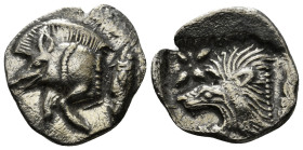 MYSIA. Kyzikos. Obol (Circa 450-400 BC).
Obv: Forepart of boar left, ; to right, tunny upward.
Rev: Head of roaring lion left within incuse square. 0,...
