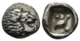 CARIA. Mylasa. Tetartemorion (Circa 420-390 BC).
Obv: Head of roaring lion right.
Rev: Bird standing right; pellet to upper left and lower right; all ...