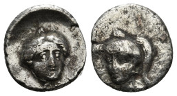 CILICIA, Uncertain. 4th century BC. AR Tetartemorion (6mm, 7h). Obv : Head of female facing slightly right, with serpent-like locks above and below / ...