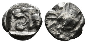 MYSIA. Kyzikos. (450-400 BC)
AR Tetartemorion Obv: Head of roaring lion left within incuse square
Rev: Crescents in triangular arrangement, pellet in ...