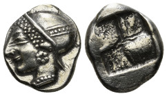 IONIA. Phokaia. Diobol (Circa 521-478 BC).
Obv: Archaic female head left, wearing earring and helmet or close fitting cap.
Rev: Quadripartite incuse s...