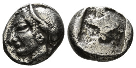 IONIA. Phokaia. Diobol (Circa 521-478 BC).
Obv: Archaic female head left, wearing earring and helmet or close fitting cap.
Rev: Quadripartite incuse s...