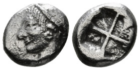 IONIA. Phokaia. Diobol (Circa 521-478 BC).
Obv: Archaic female head left, wearing earring and helmet or close fitting cap.
Rev: Quadripartite incuse s...
