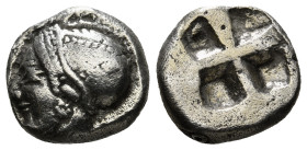 IONIA. Phokaia. Diobol (Circa 521-478 BC).
Obv: Archaic female head left, wearing earring and helmet or close fitting cap.
Rev: Quadripartite incuse s...