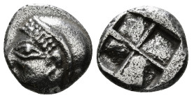 IONIA. Phokaia. Diobol (Circa 521-478 BC).
Obv: Archaic female head left, wearing earring and helmet or close fitting cap.
Rev: Quadripartite incuse s...