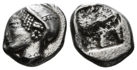 IONIA. Phokaia. Diobol (Circa 521-478 BC).
Obv: Archaic female head left, wearing earring and helmet or close fitting cap.
Rev: Quadripartite incuse s...