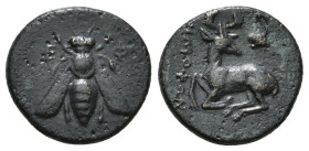 IONIA. Ephesos. Ae (Circa 202-133 BC).
Obv: Ε - Φ. Bee.
Rev: Stag kneeling left, head right; astragalos above 2,03 g - 13,80 mm