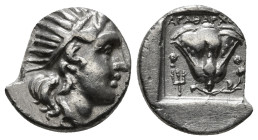 CARIA. Rhodes. Drachm (Circa 188-170 BC). Agatharchos, magistrate.
Obv: Radiate head of Helios right.
Rev: ΑΓΑΘΑΡΧΟΣ / P - O.
Rose with bud to right. ...