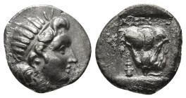 CARIA. Rhodes. Drachm (Circa 188-170 BC).
Obv: Radiate head of Helios right.
Rev: P - O.
Rose with bud to right. 2,52 g