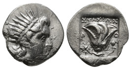 CARIA. Rhodes. Drachm (Circa 188-170 BC).
Obv: Radiate head of Helios right.
Rev: P - O.
Rose with bud to right 2,63 g