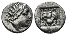 CARIA. Rhodes. Drachm (Circa 188-170 BC).
Obv: Radiate head of Helios right.
Rev: P - O.
Rose with bud to right 2,34 g