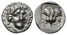 CARIA. Rhodes. Hemidrachm (Circa 170-150 BC). 
Obv: Head of Helios facing slightly right.
Rev: P - O.
Rose with bud. 1,48 g