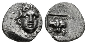 CARIA. Rhodes. Hemidrachm (Circa 170-150 BC). 
Obv: Head of Helios facing slightly right.
Rev: P - O.
Rose with bud. 1,32 g