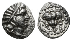 Rhodos, Rhodes AR Diobol. Circa 188-84 BC. Radiate head of Helios to right / Rose with bud to left, aphlaston to right; P-O flanking. 0,69 g Rare.