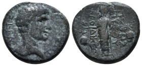 PHRYGIA. Laodicea ad Lycum. Tiberius (14-37). Ae. Pythes, son of Pythes, magistrate.
Obv: ΣΕΒΑΣΤΟΣ.
Bare head right.
Rev: ΠΥΘΗΣ ΠΥΘΟΥ / ΛΑΟΔΙΚEΩΝ.
Zeu...