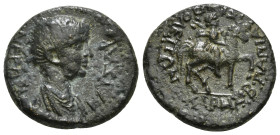 PHRYGIA. Hierapolis. Nero (Caesar, 50-54). Ae. Chares and Papias, magistrates.
Obv: NEPΩN KAIΣAP.
Bareheaded and draped bust right.
Rev: XAPHΣ B ΠAΠIA...